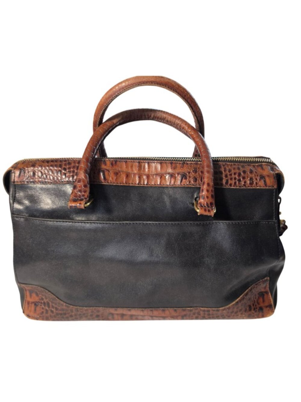Vintage Brahmin 1992 Black Leather Brown Croc Embossed Satchel Crossbody Bag - Picture 2 of 12